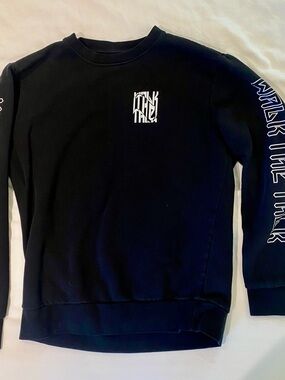 Black Crewneck Sweatshirt with White Graphic Chest and Sleeve Print